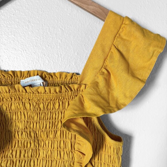 Monteau Linen Ruffled Smocked Yellow Crop Top Womens Small Boho Cottagecore Y2K - Picture 3 of 11